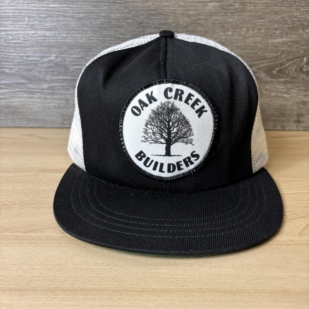 Vintage Oak Creek Builders Hat Cap Snap Back Black White Trucker USA